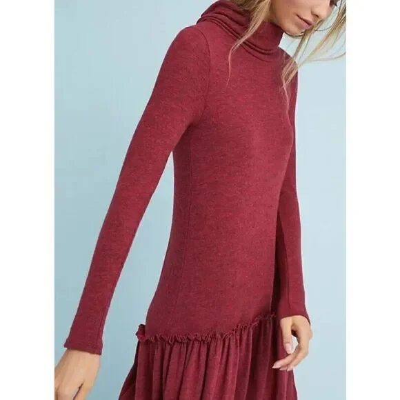 Anthropologie Sunday in Brooklyn Sweater Dress Women's Large Wine ruffle hem NWT - Picture 2 of 16